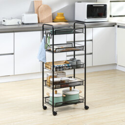 HOMCOM 5 Tier Utility Rolling Cart, Metal Storage Cart, Kitchen Cart with Removable Mesh Baskets, for Living Room and Bathroom, Black - Aosom UK - thumbnail 2