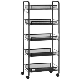 HOMCOM 5 Tier Utility Rolling Cart, Metal Storage Cart, Kitchen Cart with Removable Mesh Baskets, for Living Room and Bathroom, Black - Aosom UK