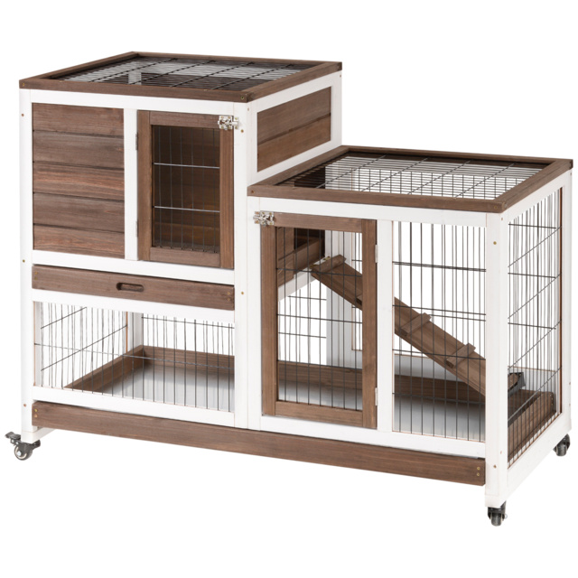 PawHut Wooden Indoor Rabbit Hutch Guinea Pig House Bunny Small Animal Cage W/ Wheels Enclosed Run 110 x 50 x 86 cm, Brown - image 1