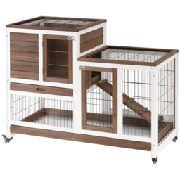 PawHut Wooden Indoor Rabbit Hutch Guinea Pig House Bunny Small Animal Cage W/ Wheels Enclosed Run 110 x 50 x 86 cm, Brown - thumbnail 1