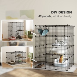 PawHut Steel Wire Cat Cage Indoor with Hammock, Ramps, Doors, DIY Cat Enclosure for 1-3 Cats, Black - thumbnail 5