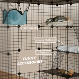 PawHut Steel Wire Cat Cage Indoor with Hammock, Ramps, Doors, DIY Cat Enclosure for 1-3 Cats, Black - thumbnail 7