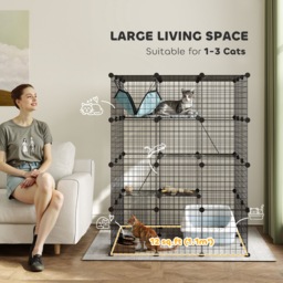 PawHut Steel Wire Cat Cage Indoor with Hammock, Ramps, Doors, DIY Cat Enclosure for 1-3 Cats, Black - thumbnail 4
