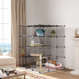 PawHut Steel Wire Cat Cage Indoor with Hammock, Ramps, Doors, DIY Cat Enclosure for 1-3 Cats, Black - thumbnail 1