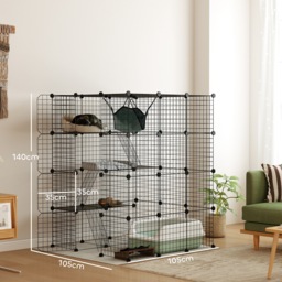 PawHut Steel Wire Cat Cage Indoor with Hammock, Ramps, Doors, DIY Cat Enclosure for 1-3 Cats, Black - thumbnail 3
