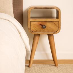 Mango Wood Narrow Curved Nightstand, Bedroom Side Table w/Spacious Drawer & Open Slot, Brown - Aosom UK