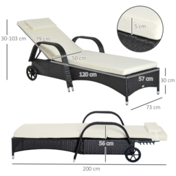 Outsunny Waterproof Rattan Sun Lounger Recliner Bed, Garden Patio Outdoor Wicker Adjustable Headrest Furniture, Black - Aosom UK - thumbnail 3