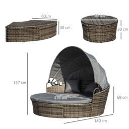Outsunny Rattan Garden Furniture Cushioned Wicker Round Sofa Bed with Coffee Table Patio Conversation Furniture Set - Grey - thumbnail 3