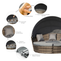 Outsunny Rattan Garden Furniture Cushioned Wicker Round Sofa Bed with Coffee Table Patio Conversation Furniture Set - Grey - thumbnail 7