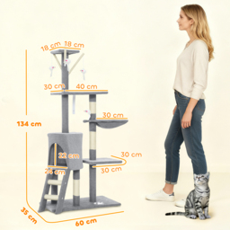 PawHut Multi-Level Cat Tower, 134cm Cat Tree with Condo and Sisal Scratching Posts for Indoor Kittens, Grey - thumbnail 3