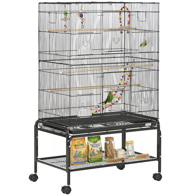 PawHut Steel Budgie Cage 133cm High with Stand, Slide-Out Tray, Toys, Storage Shelf for Canaries, Finches, Lovebirds, Parakeets, Black - Aosom UK - image 1