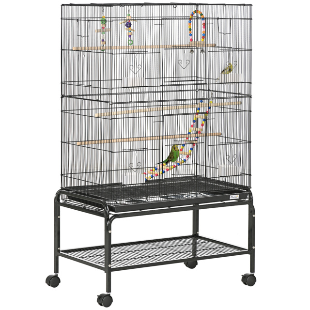 PawHut Steel Budgie Cage 133cm High with Stand, Slide-Out Tray, Toys, Storage Shelf for Canaries, Finches, Lovebirds, Parakeets, Black - Aosom UK - image 1