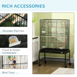 PawHut Steel Budgie Cage 133cm High with Stand, Slide-Out Tray, Toys, Storage Shelf for Canaries, Finches, Lovebirds, Parakeets, Black - Aosom UK - thumbnail 5