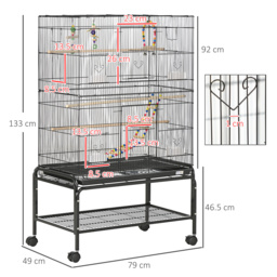 PawHut Steel Budgie Cage 133cm High with Stand, Slide-Out Tray, Toys, Storage Shelf for Canaries, Finches, Lovebirds, Parakeets, Black - Aosom UK - thumbnail 3