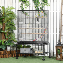 PawHut Steel Budgie Cage 133cm High with Stand, Slide-Out Tray, Toys, Storage Shelf for Canaries, Finches, Lovebirds, Parakeets, Black - Aosom UK - thumbnail 2