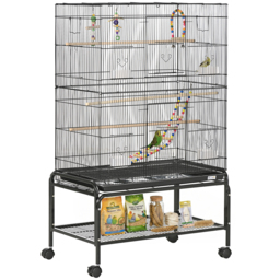 PawHut Steel Budgie Cage 133cm High with Stand, Slide-Out Tray, Toys, Storage Shelf for Canaries, Finches, Lovebirds, Parakeets, Black - Aosom UK - thumbnail 1