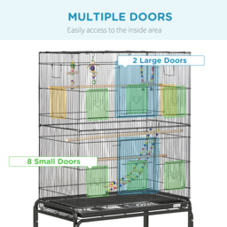 PawHut Steel Budgie Cage 133cm High with Stand, Slide-Out Tray, Toys, Storage Shelf for Canaries, Finches, Lovebirds, Parakeets, Black - Aosom UK - thumbnail 4