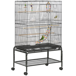 PawHut Steel Budgie Cage 133cm High with Stand, Slide-Out Tray, Toys, Storage Shelf for Canaries, Finches, Lovebirds, Parakeets, Black - Aosom UK