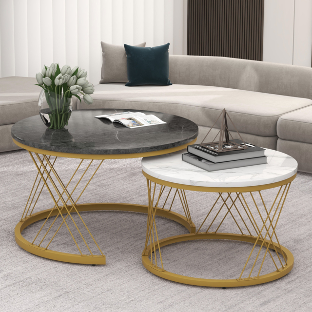 Set of 2 Modern Nesting Marble Coffee Tables with Metal Frame, Round Side Tables for Living Room, Bedroom, Study, 70x70x45 cm, Grey - Aosom.UK - image 1