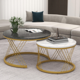 Set of 2 Modern Nesting Marble Coffee Tables with Metal Frame, Round Side Tables for Living Room, Bedroom, Study, 70x70x45 cm, Grey - Aosom.UK