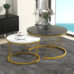 Set of 2 Modern Nesting Marble Coffee Tables with Metal Frame, Round Side Tables for Living Room, Bedroom, Study, 70x70x45 cm, Grey - Aosom.UK - thumbnail 7