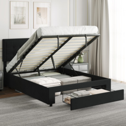 HOMCOM Double Ottoman Bed Frame, with Front Drawer - Black - thumbnail 2