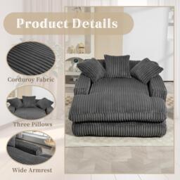 Oversized Chaise Longue Sofa with 3 Throw Cushions and Wide Armrests, Chair with Shredded Memory Foam Seat, 155L x 125W x 63H cm, Dark Gray - Aosom UK - thumbnail 5