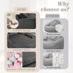 Oversized Chaise Longue Sofa with 3 Throw Cushions and Wide Armrests, Chair with Shredded Memory Foam Seat, 155L x 125W x 63H cm, Dark Gray - Aosom UK - thumbnail 8