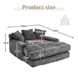 Oversized Chaise Longue Sofa with 3 Throw Cushions and Wide Armrests, Chair with Shredded Memory Foam Seat, 155L x 125W x 63H cm, Dark Gray - Aosom UK - thumbnail 3