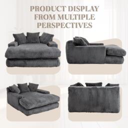 Oversized Chaise Longue Sofa with 3 Throw Cushions and Wide Armrests, Chair with Shredded Memory Foam Seat, 155L x 125W x 63H cm, Dark Gray - Aosom UK - thumbnail 7