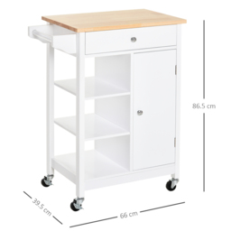 HOMCOM Kitchen Trolley with Wood Top, 3 Shelves, Drawer and Wheels, Compact Storage Unit, White - Aosom UK - thumbnail 3