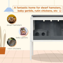PawHut Wooden Hamster House Hamster Cage with Shelf, for Dwarf Hamsters, Gerbils, Rutin Chickens, with Huts, 82 x 45 x 81 cm, Dark Grey - thumbnail 4