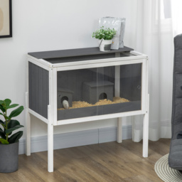 PawHut Wooden Hamster House Hamster Cage with Shelf, for Dwarf Hamsters, Gerbils, Rutin Chickens, with Huts, 82 x 45 x 81 cm, Dark Grey - thumbnail 2
