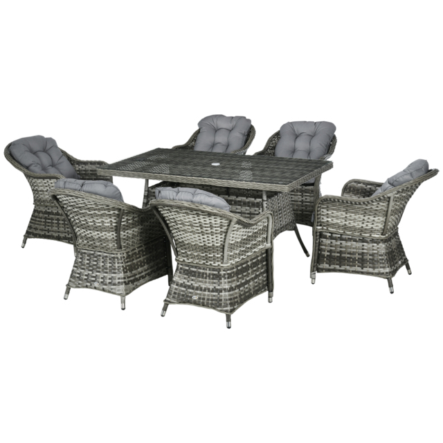 Outsunny Seven-Piece Rattan Dining Set with Tempered Glass Table Top and Parasol Hole - Grey - image 1
