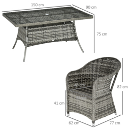 Outsunny Seven-Piece Rattan Dining Set with Tempered Glass Table Top and Parasol Hole - Grey - thumbnail 3