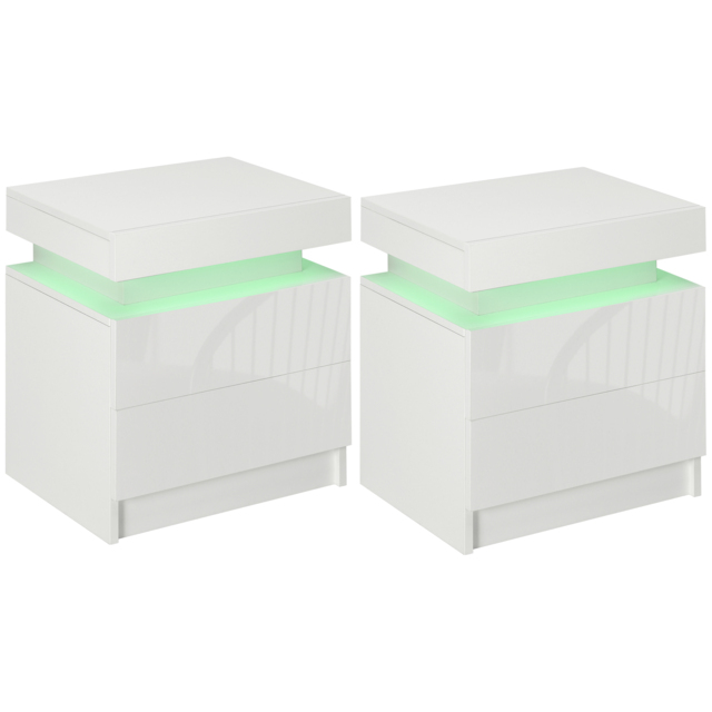 HOMCOM White Bedside Table with LED Light, High Gloss Front Nightstand with 2 Drawers, for Living Room, Bedroom - image 1