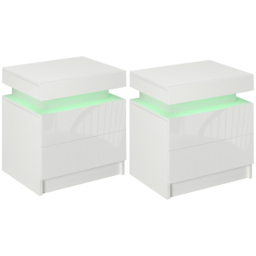 HOMCOM White Bedside Table with LED Light, High Gloss Front Nightstand with 2 Drawers, for Living Room, Bedroom - thumbnail 1