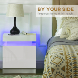 HOMCOM White Bedside Table with LED Light, High Gloss Front Nightstand with 2 Drawers, for Living Room, Bedroom - thumbnail 5