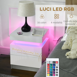 HOMCOM White Bedside Table with LED Light, High Gloss Front Nightstand with 2 Drawers, for Living Room, Bedroom - thumbnail 4