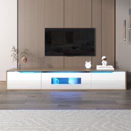 White TV Cabinet with High Gloss and Color Changing LED Lights, Media Unit with Storage for Living Room, Bedroom, 180x35x30 cm, White - Aosom.UK