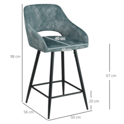 HOMCOM Bar Stools Set of 2, Velvet-Touch Fabric Counter Height Bar Chairs, Kitchen Stools with Steel Legs for Dining Area, Blue - Aosom UK - thumbnail 3