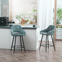 HOMCOM Bar Stools Set of 2, Velvet-Touch Fabric Counter Height Bar Chairs, Kitchen Stools with Steel Legs for Dining Area, Blue - Aosom UK - thumbnail 2