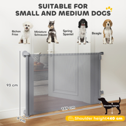 PawHut Retractable Dog Gate, Extends to 140 cm Wide & 93 cm Tall, Mesh Pet Gate with Single Hand Operation, for Stairs Doorways - thumbnail 3