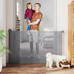 PawHut Retractable Dog Gate, Extends to 140 cm Wide & 93 cm Tall, Mesh Pet Gate with Single Hand Operation, for Stairs Doorways - thumbnail 2