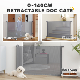 PawHut Retractable Dog Gate, Extends to 140 cm Wide & 93 cm Tall, Mesh Pet Gate with Single Hand Operation, for Stairs Doorways - thumbnail 4