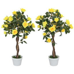 Outsunny Set of 2 Artificial Plants White Rose Floral in Pot, Fake Plants for Home Indoor Outdoor Decor, 90cm, Yellow - thumbnail 1