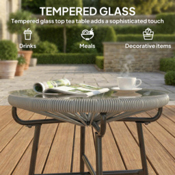 Outsunny Rattan Side Table, Round Outdoor Coffee Table, with Round PE Rattan and Tempered Glass Tabletop, Light Grey - thumbnail 4