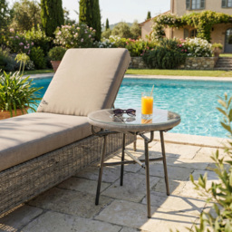 Outsunny Rattan Side Table, Round Outdoor Coffee Table, with Round PE Rattan and Tempered Glass Tabletop, Light Grey - thumbnail 8