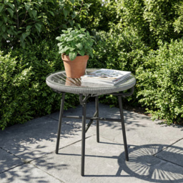 Outsunny Rattan Side Table, Round Outdoor Coffee Table, with Round PE Rattan and Tempered Glass Tabletop, Light Grey - thumbnail 9