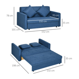 HOMCOM 2 Seater Sofa Bed, Convertible Bed Settee, Modern Fabric Loveseat Sofa Couch w/ Cushions, Hidden Storage for Guest Room, Dark Blue - thumbnail 3